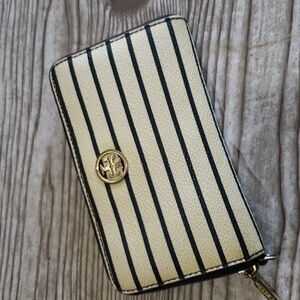 Tory Burch Robinson cream and navy blue striped with zip wallet